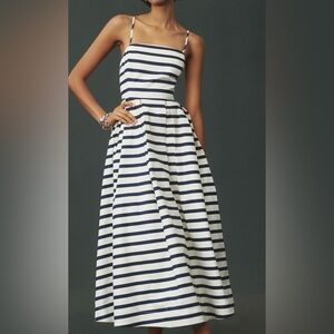 White and Blue Pleated A-Line Midi Sundress